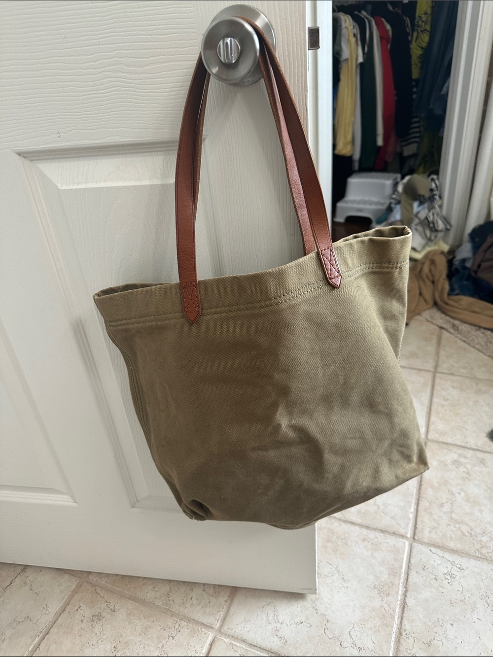 Madewell Olive Canvas Tote with Brown Leather Straps
